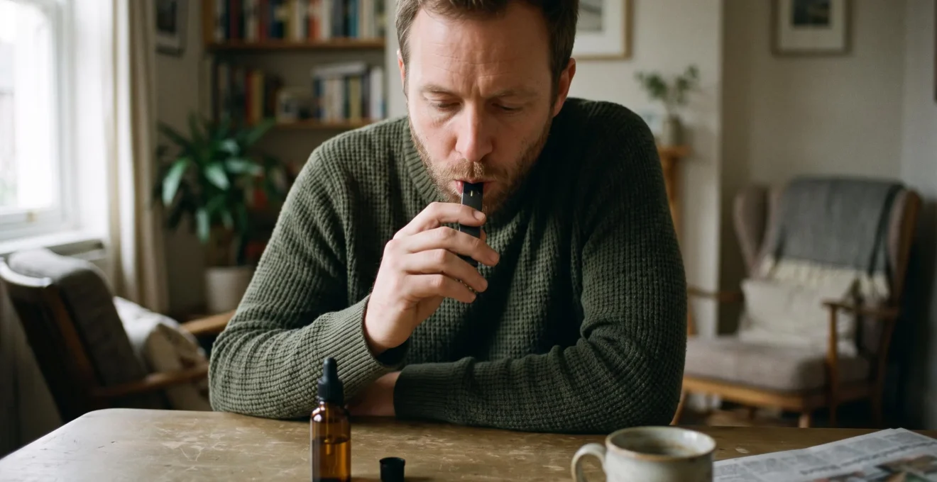 An adult taking a discreet puff from a small pod vaping device at a table at home, with an e-liquid bottle nearby.