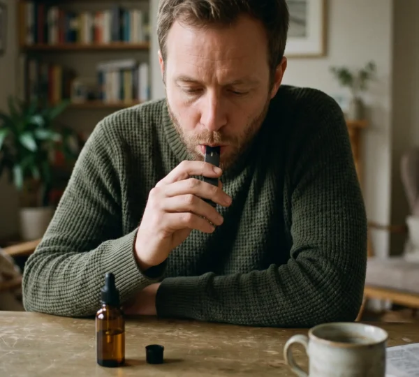 An adult taking a discreet puff from a small pod vaping device at a table at home, with an e-liquid bottle nearby.