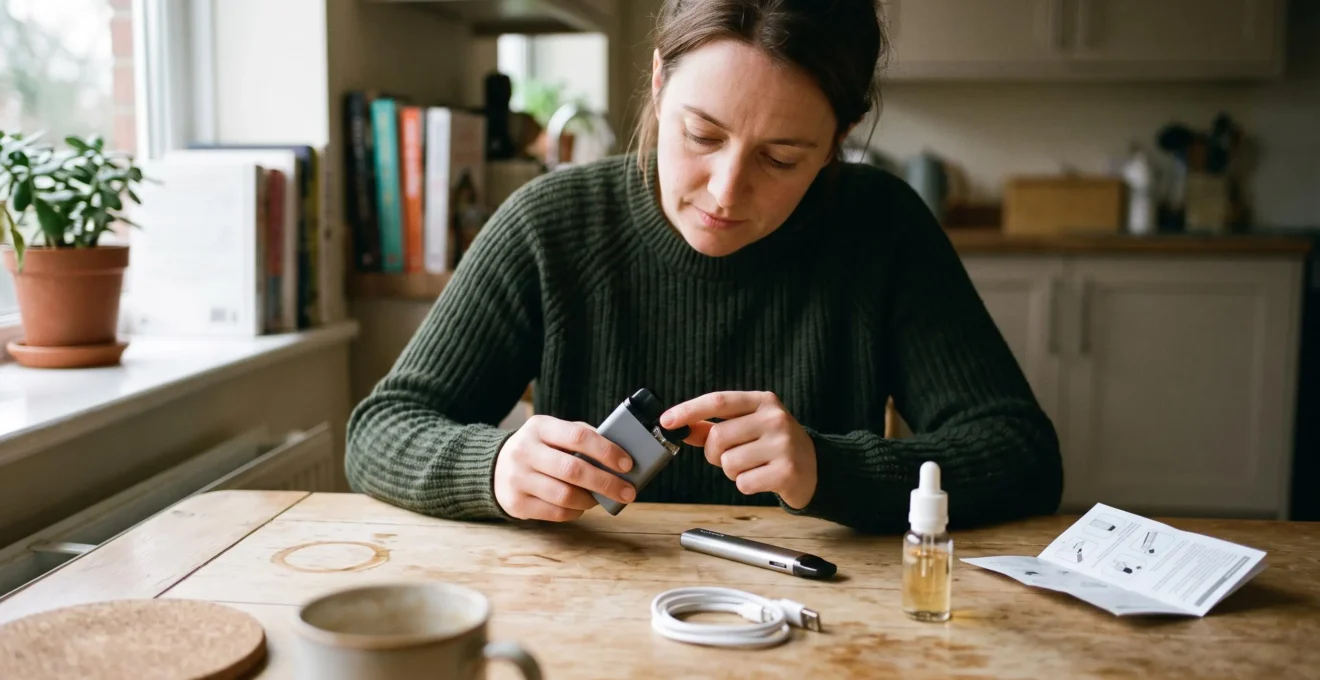 An adult comparing a small pod kit and a slim vape pen on a wooden table before choosing a first vape device.