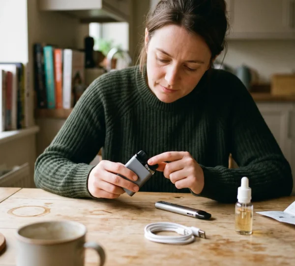 An adult comparing a small pod kit and a slim vape pen on a wooden table before choosing a first vape device.