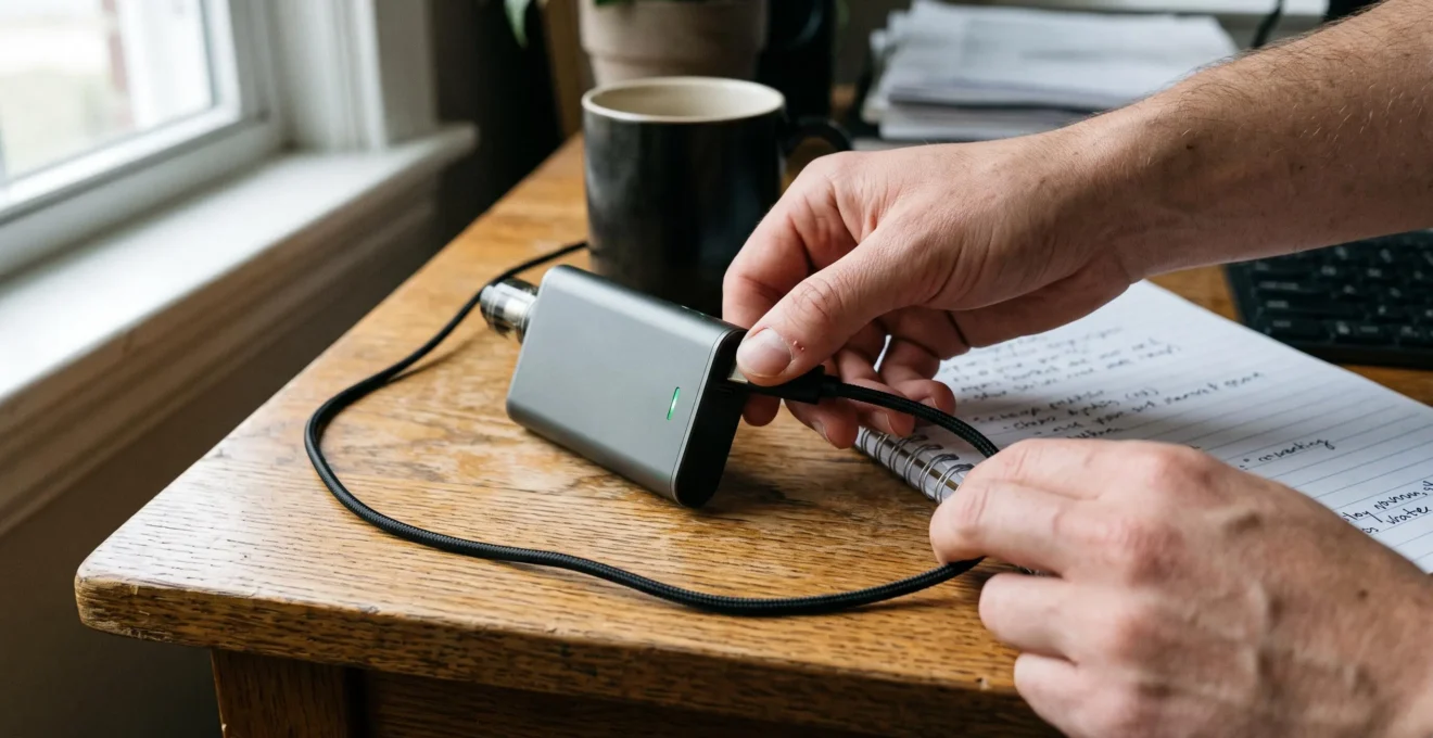A person plugging a charging cable into a rechargeable vape device on a wooden desk near a window.