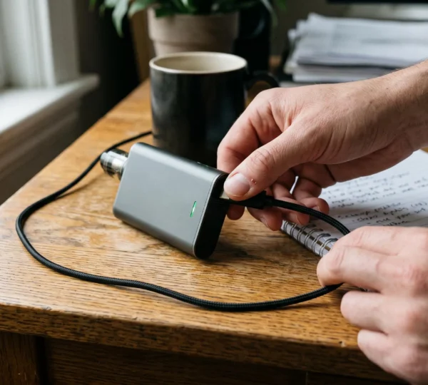 A person plugging a charging cable into a rechargeable vape device on a wooden desk near a window.