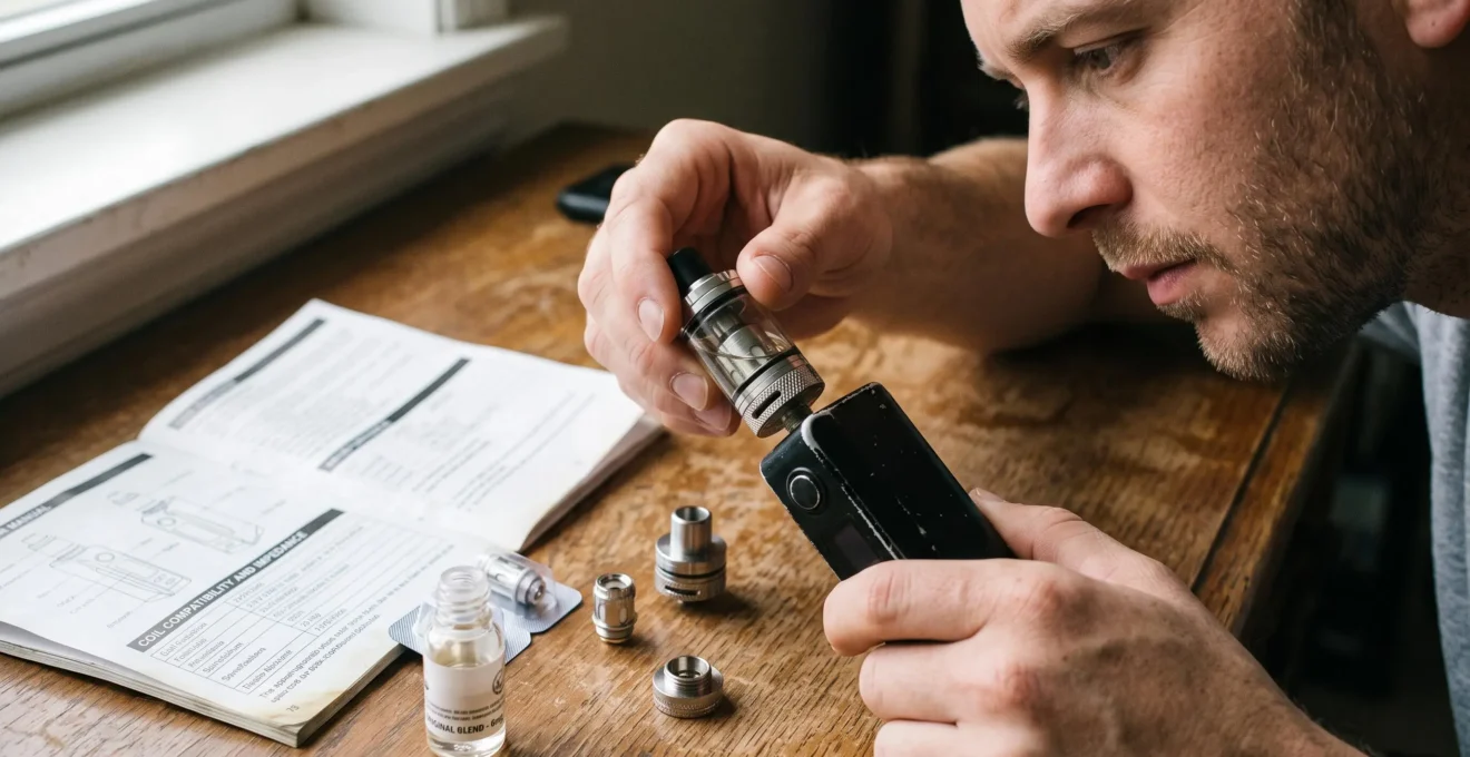 A person unscrewing a clearomizer tank from a vape battery mod to check coil compatibility, with the user manual and a replacement coil on the desk.