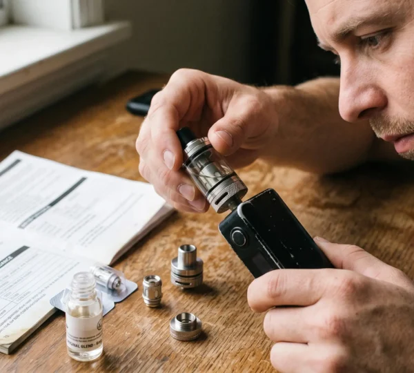 A person unscrewing a clearomizer tank from a vape battery mod to check coil compatibility, with the user manual and a replacement coil on the desk.