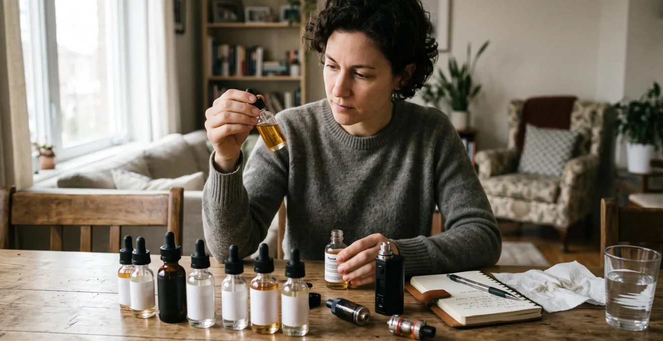 A person comparing several e-liquid bottles at a table and taking notes while holding a small bottle up to inspect it.