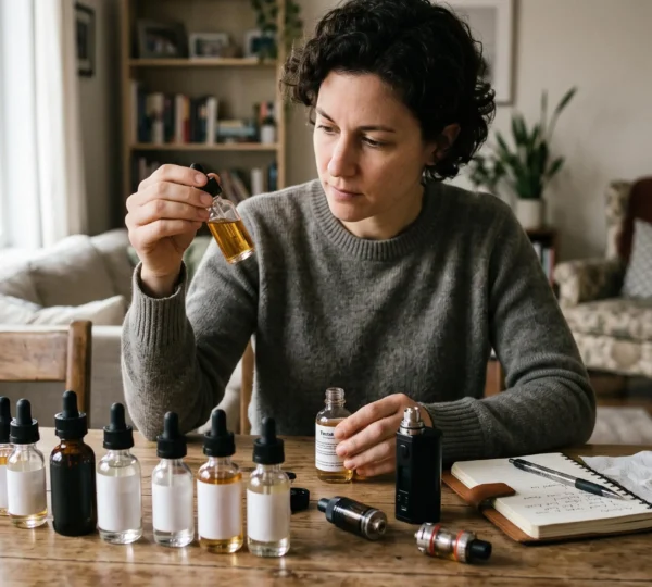 A person comparing several e-liquid bottles at a table and taking notes while holding a small bottle up to inspect it.