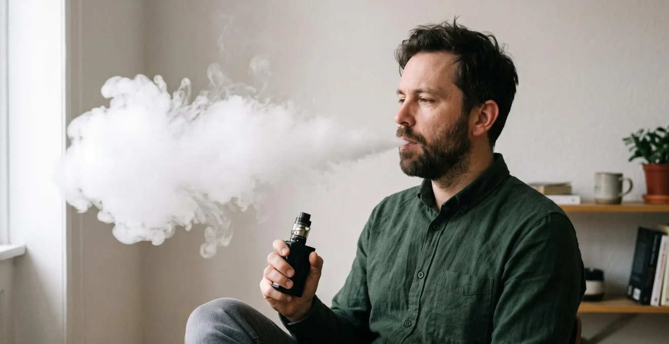 A person exhaling a dense cloud of vapour from a vape device in a softly lit indoor room.