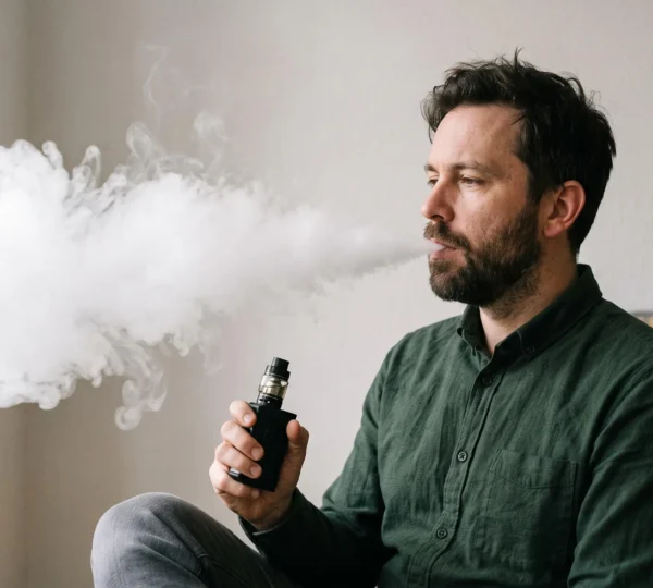 A person exhaling a dense cloud of vapour from a vape device in a softly lit indoor room.