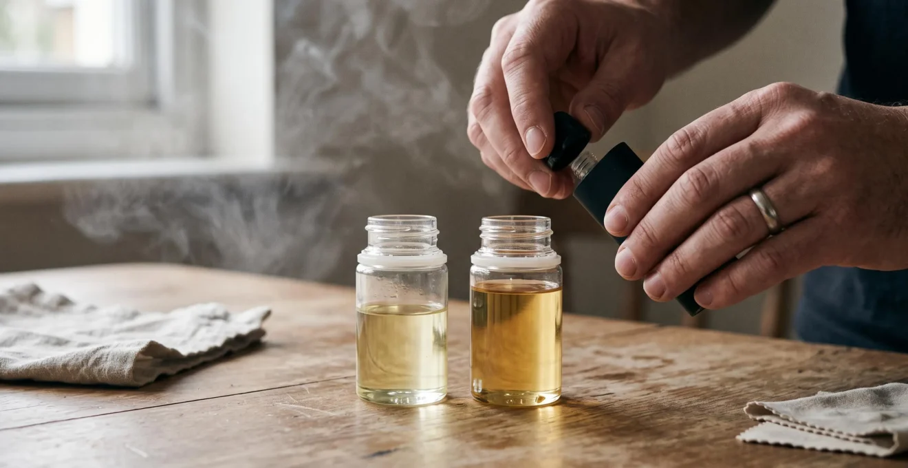 A person refills a small vape pod device on a table next to two unlabeled e-liquid bottles with visibly different liquid thicknesses.