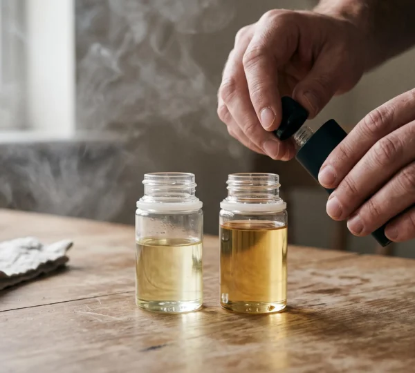 A person refills a small vape pod device on a table next to two unlabeled e-liquid bottles with visibly different liquid thicknesses.