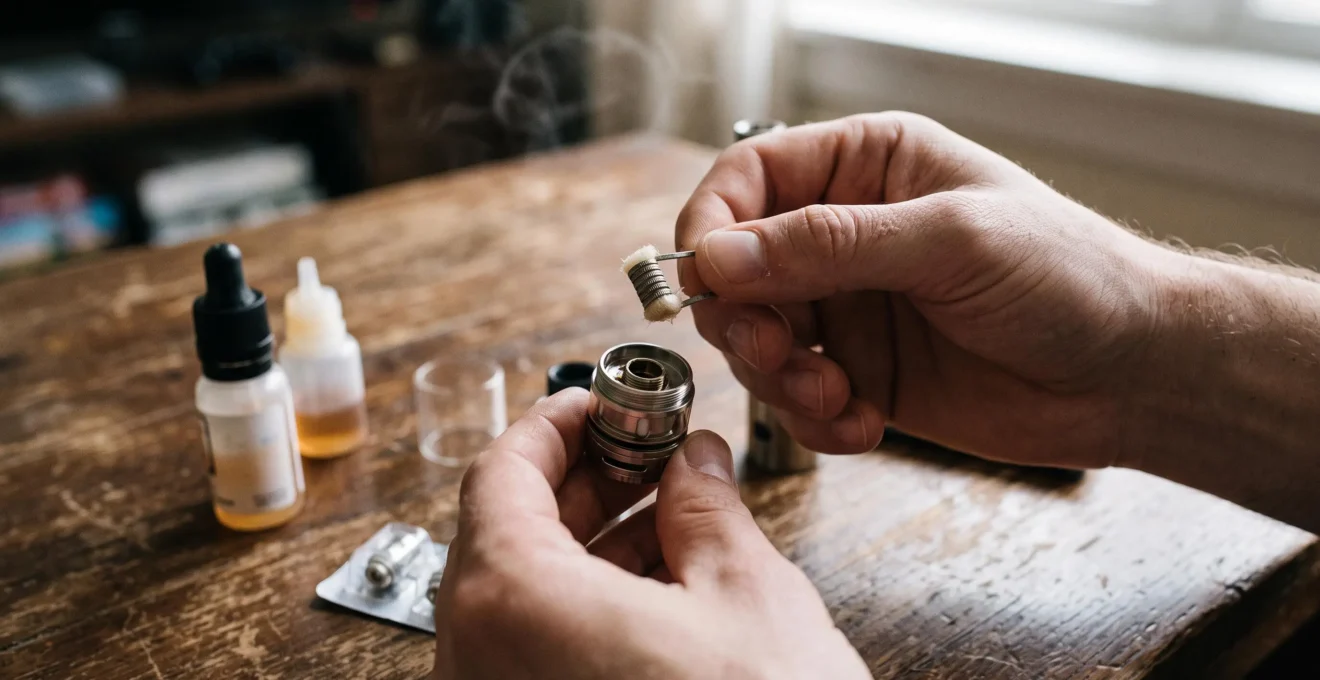 A person holding a removed metallic vape heating coil above a wooden table with a disassembled device and e-liquid bottle nearby.