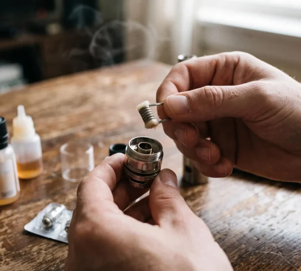 A person holding a removed metallic vape heating coil above a wooden table with a disassembled device and e-liquid bottle nearby.