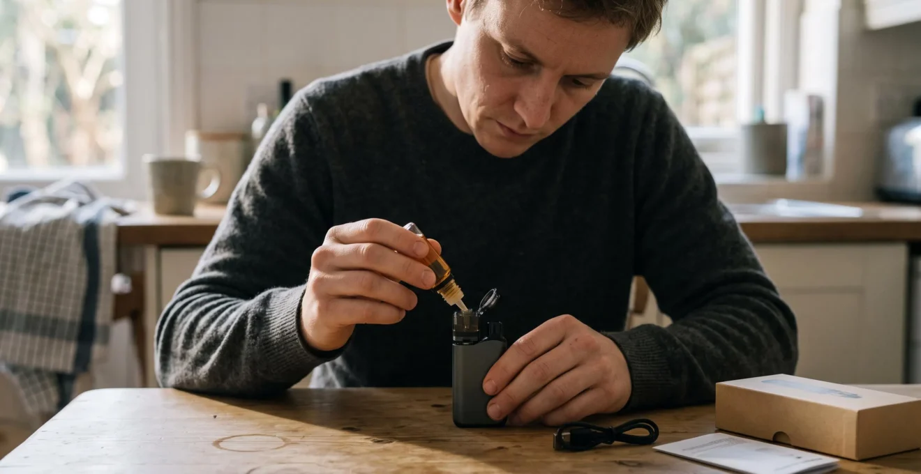 A person filling an all-in-one vape pod kit with e-liquid at a wooden table in natural daylight.