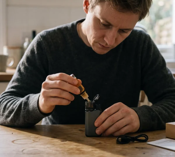 A person filling an all-in-one vape pod kit with e-liquid at a wooden table in natural daylight.