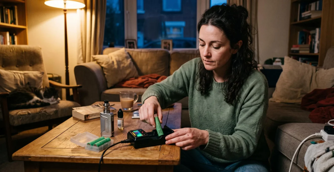 A person at home inserting a removable cylindrical battery into a two-bay external charger with a glowing display, a vape mod and spare batteries nearby.
