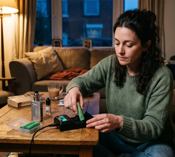 A person at home inserting a removable cylindrical battery into a two-bay external charger with a glowing display, a vape mod and spare batteries nearby.