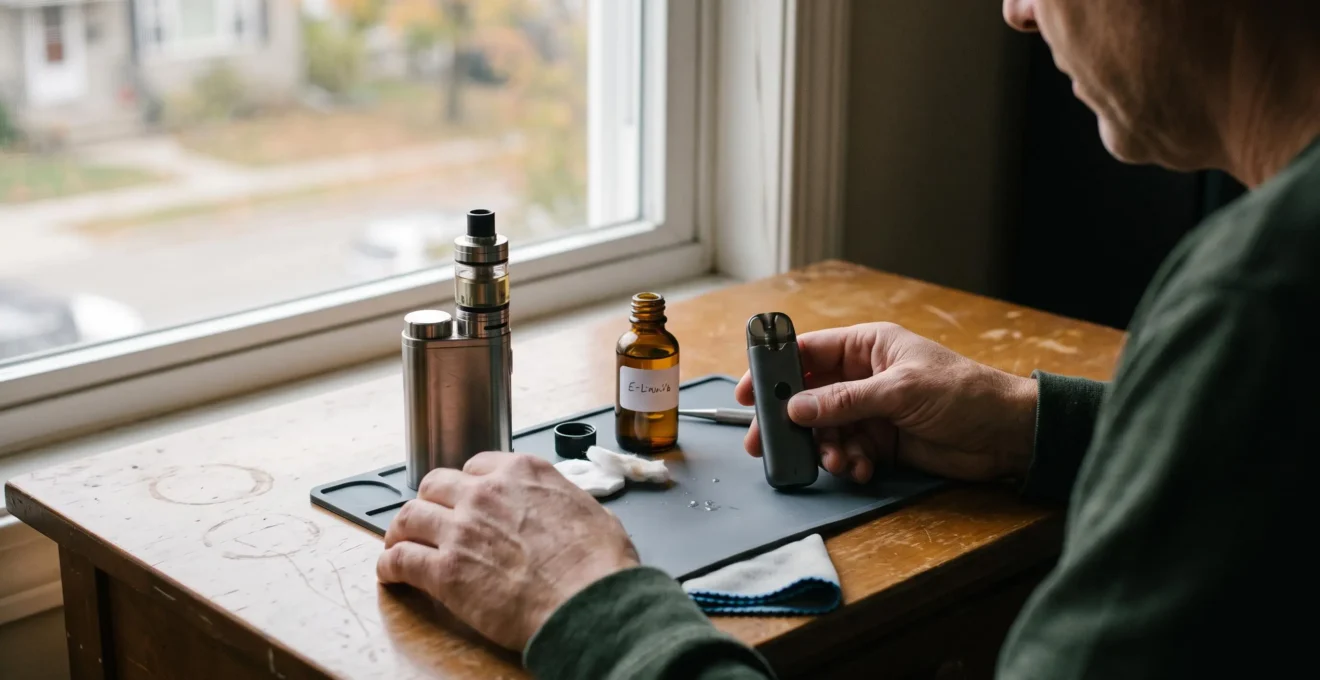 A person compares a refillable glass tank device and a compact refillable pod on a desk beside an open e-liquid bottle.