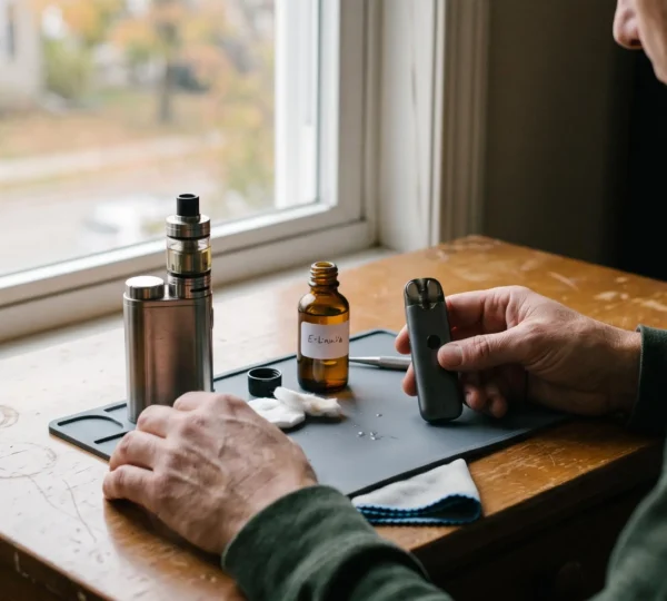 A person compares a refillable glass tank device and a compact refillable pod on a desk beside an open e-liquid bottle.