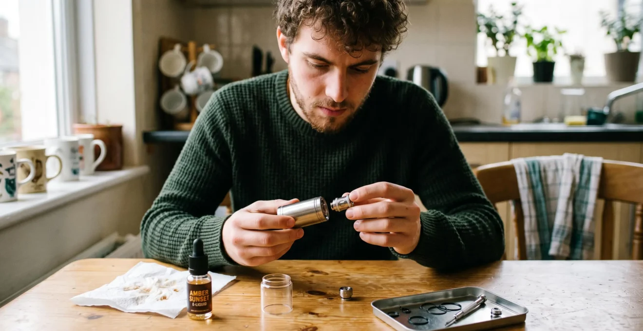 A person sits at a wooden table holding an open vape tank and a new atomizer coil head, with e-liquid bottles and tank parts laid out nearby.