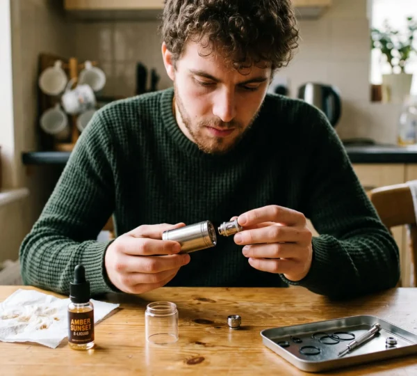 A person sits at a wooden table holding an open vape tank and a new atomizer coil head, with e-liquid bottles and tank parts laid out nearby.