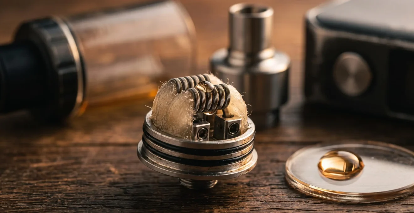 A close-up of a disassembled vape atomizer showing the heating coil, cotton wick and a drop of e-liquid on a workbench.