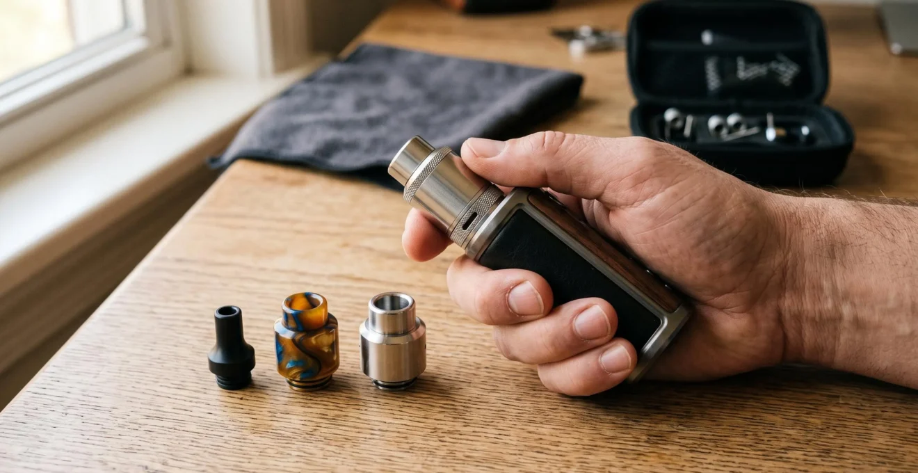 A hand holding a vape device beside three drip tips of different bore widths and materials on a wooden desk.