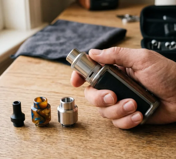 A hand holding a vape device beside three drip tips of different bore widths and materials on a wooden desk.