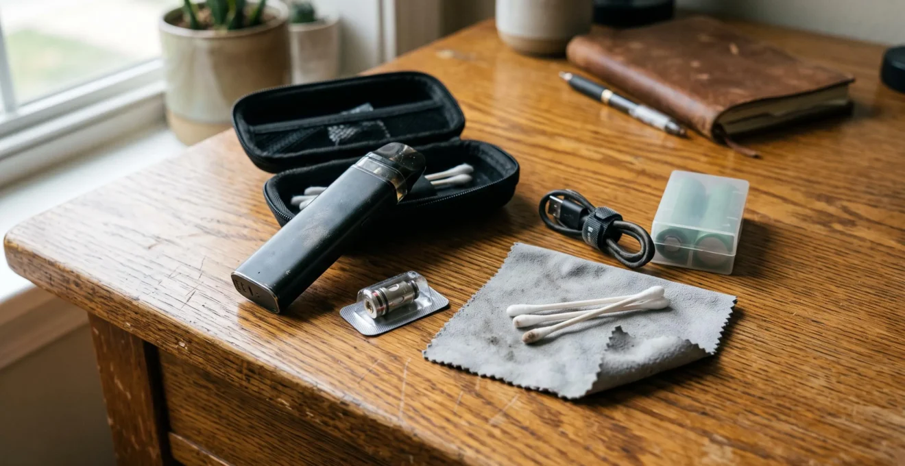 A vape maintenance kit with a spare coil, cleaning cloth, cotton swabs, charging cable and storage case laid out on a wooden desk next to a refillable vape device.