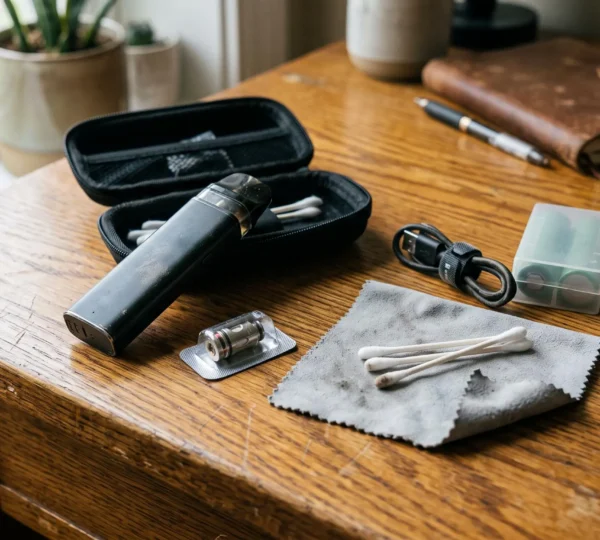 A vape maintenance kit with a spare coil, cleaning cloth, cotton swabs, charging cable and storage case laid out on a wooden desk next to a refillable vape device.
