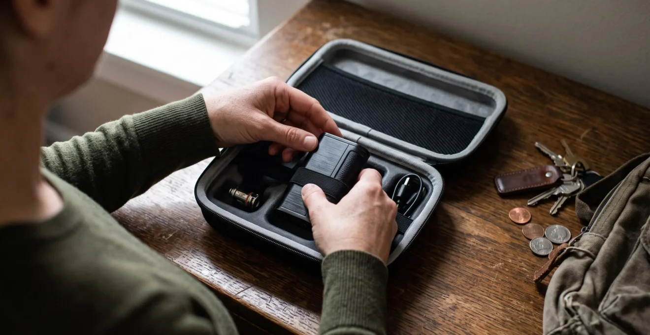 Hands placing a vape device into a padded protective case next to keys and a backpack on a wooden table.