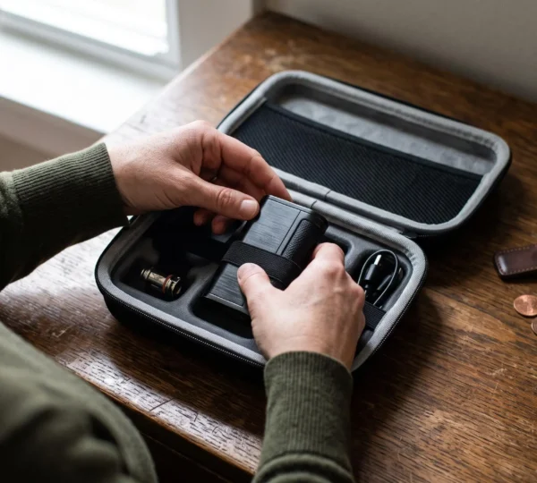 Hands placing a vape device into a padded protective case next to keys and a backpack on a wooden table.