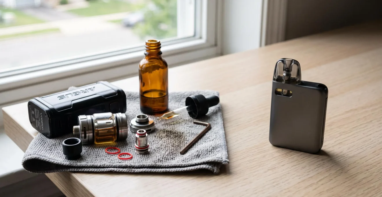 A refillable vape tank with its coil and O-rings beside a pod device with a sealed cartridge on a desk near a window.