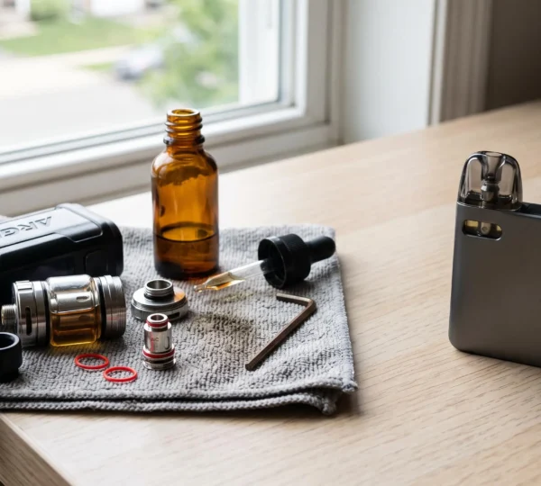 A refillable vape tank with its coil and O-rings beside a pod device with a sealed cartridge on a desk near a window.