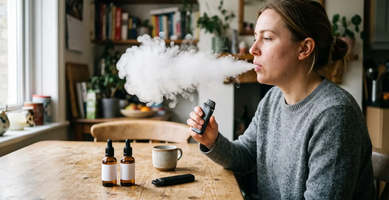 A person exhales vapor from a vape device at a table with two plain e-liquid bottles and a second pod device nearby.