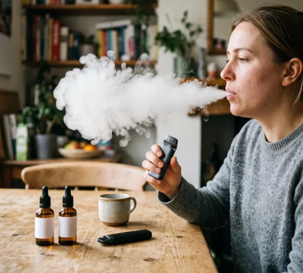 A person exhales vapor from a vape device at a table with two plain e-liquid bottles and a second pod device nearby.
