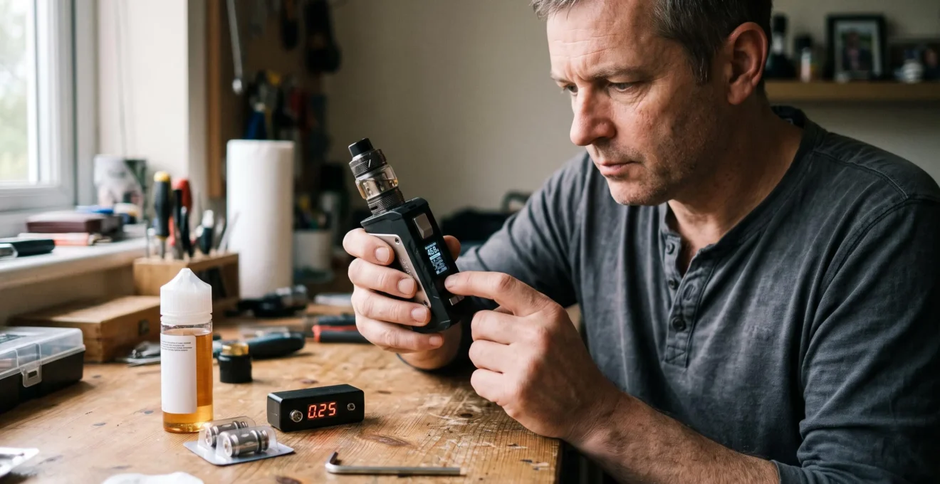 An experienced adult vaper adjusting the wattage settings on an advanced vape mod display at a home workbench.