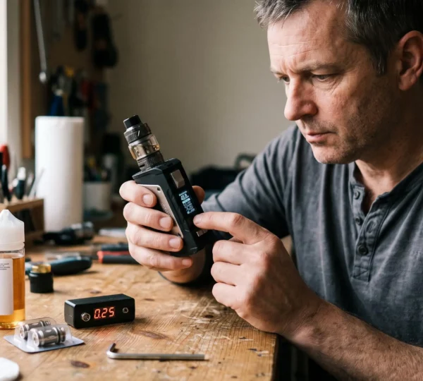 An experienced adult vaper adjusting the wattage settings on an advanced vape mod display at a home workbench.