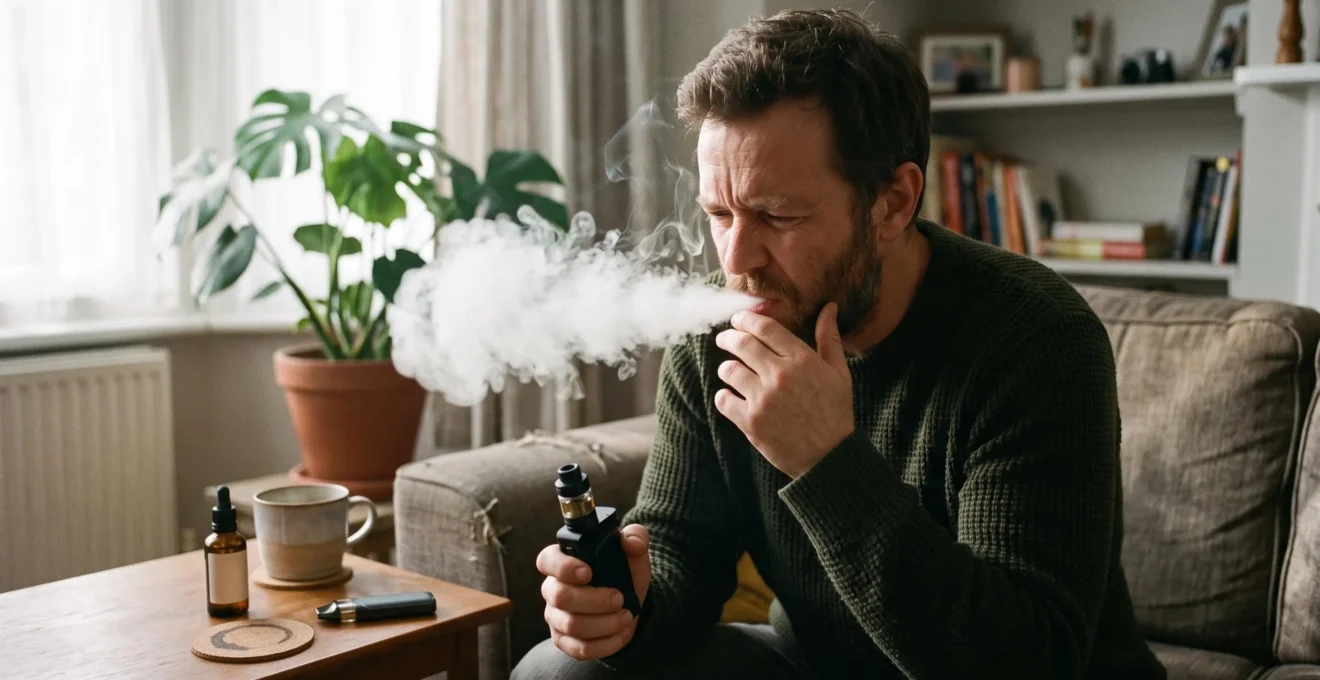 A vaper exhaling vapour from a sub-ohm device while reacting to a strong throat hit, with an e-liquid bottle on a side table.