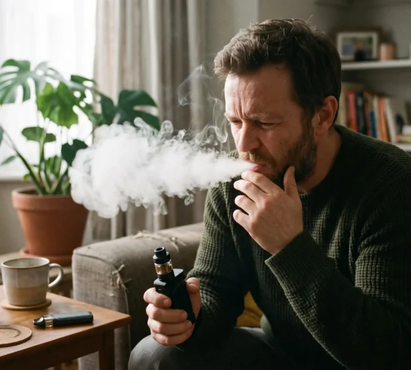 A vaper exhaling vapour from a sub-ohm device while reacting to a strong throat hit, with an e-liquid bottle on a side table.