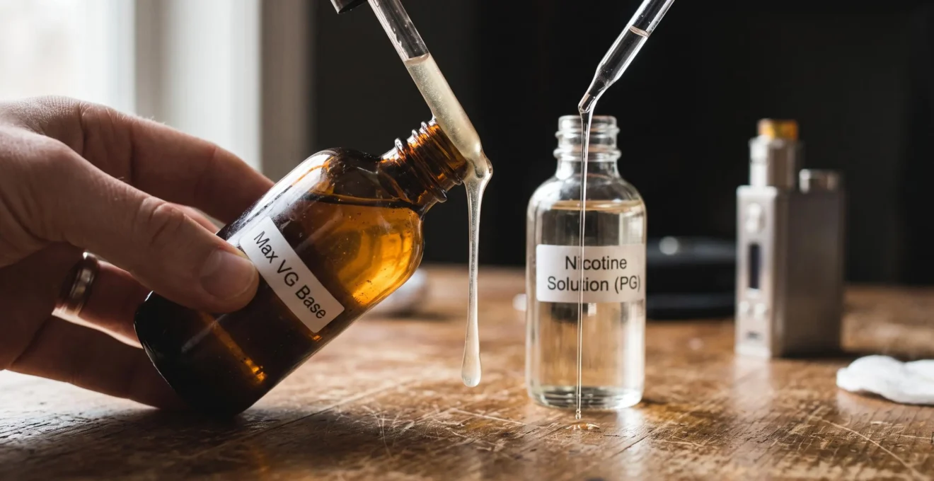 A thick vegetable glycerin e-liquid pours slowly from an unbranded bottle next to a thinner liquid, showing the difference in viscosity.