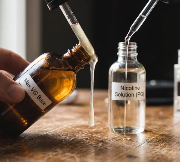 A thick vegetable glycerin e-liquid pours slowly from an unbranded bottle next to a thinner liquid, showing the difference in viscosity.